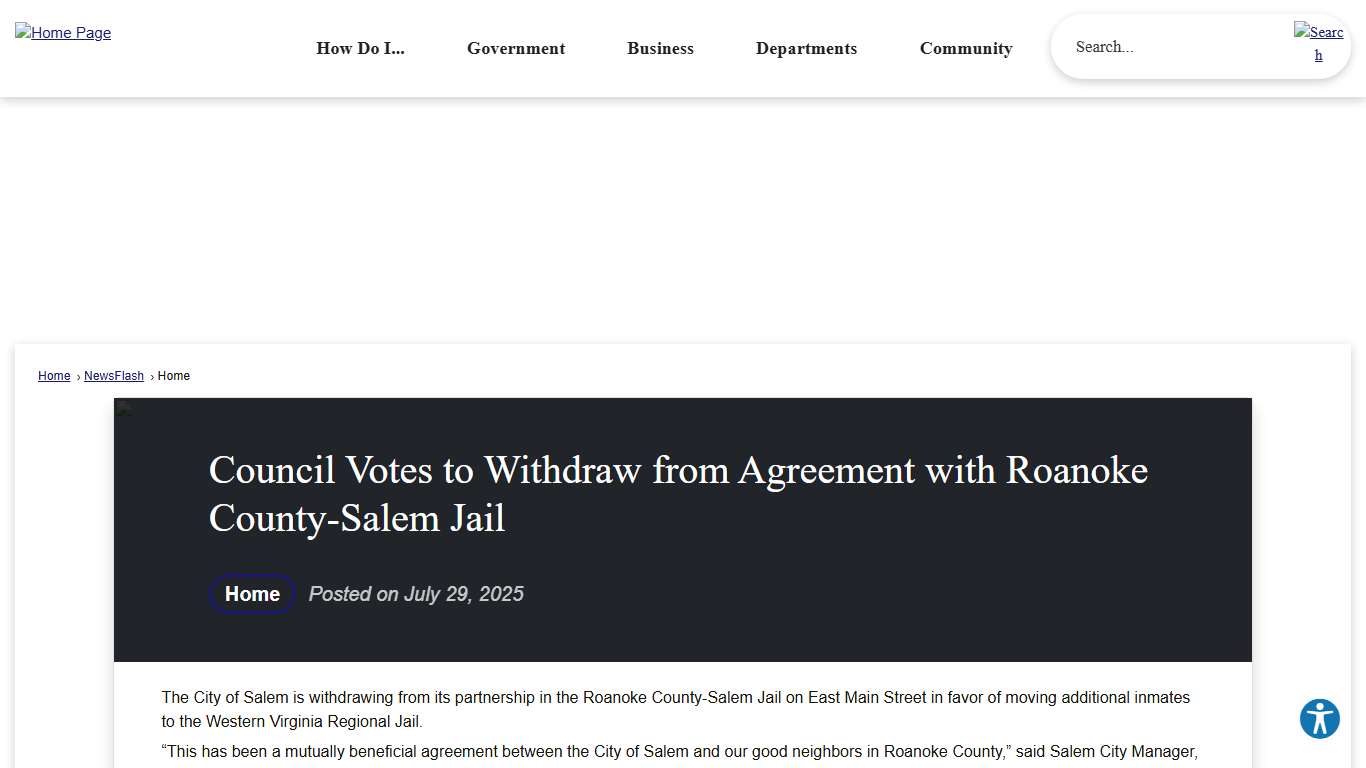 Council Votes to Withdraw from Agreement with Roanoke County-Salem Jail • Salem, VA