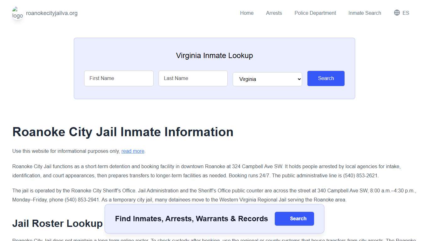 Roanoke Jail, VA Inmate Roster, Municipal Jail Info